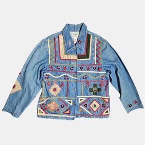 VTG Tantrums Denim Jacket Womens‎ Blue Floral Embroidered Boho Shacket Folkart S
